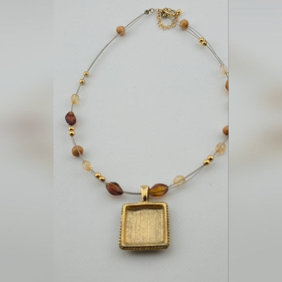 Vintage Gold Tone Pendant Necklace Multi-Strand Wire Beaded Amber Glass Look - Picture 2 of 8